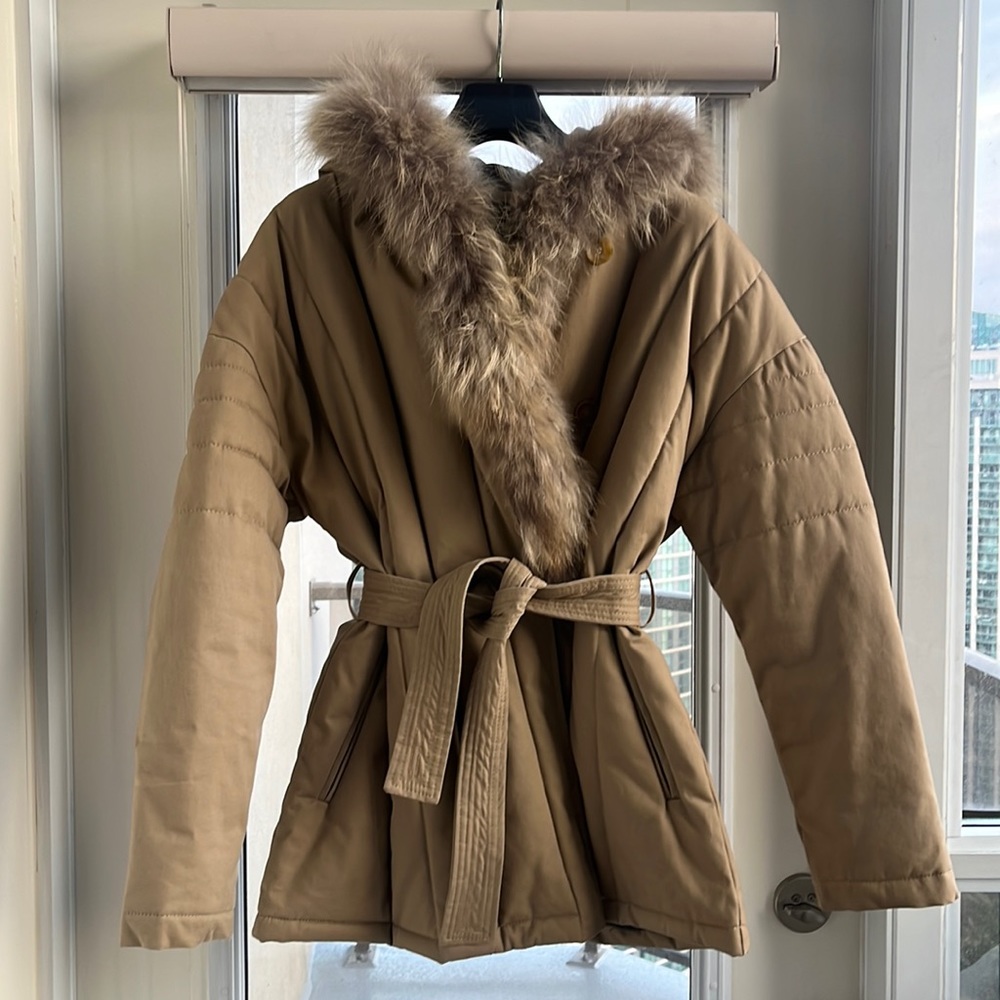 MAJE PUFFER WITH FUR HOOD - BEIGE LIKE NEW SZ 40